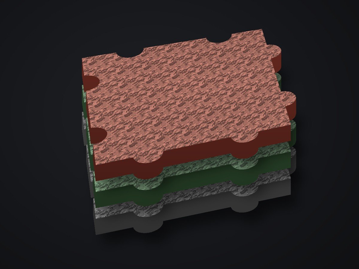 Stack of interlocking rubber paving mats in black, green and red
